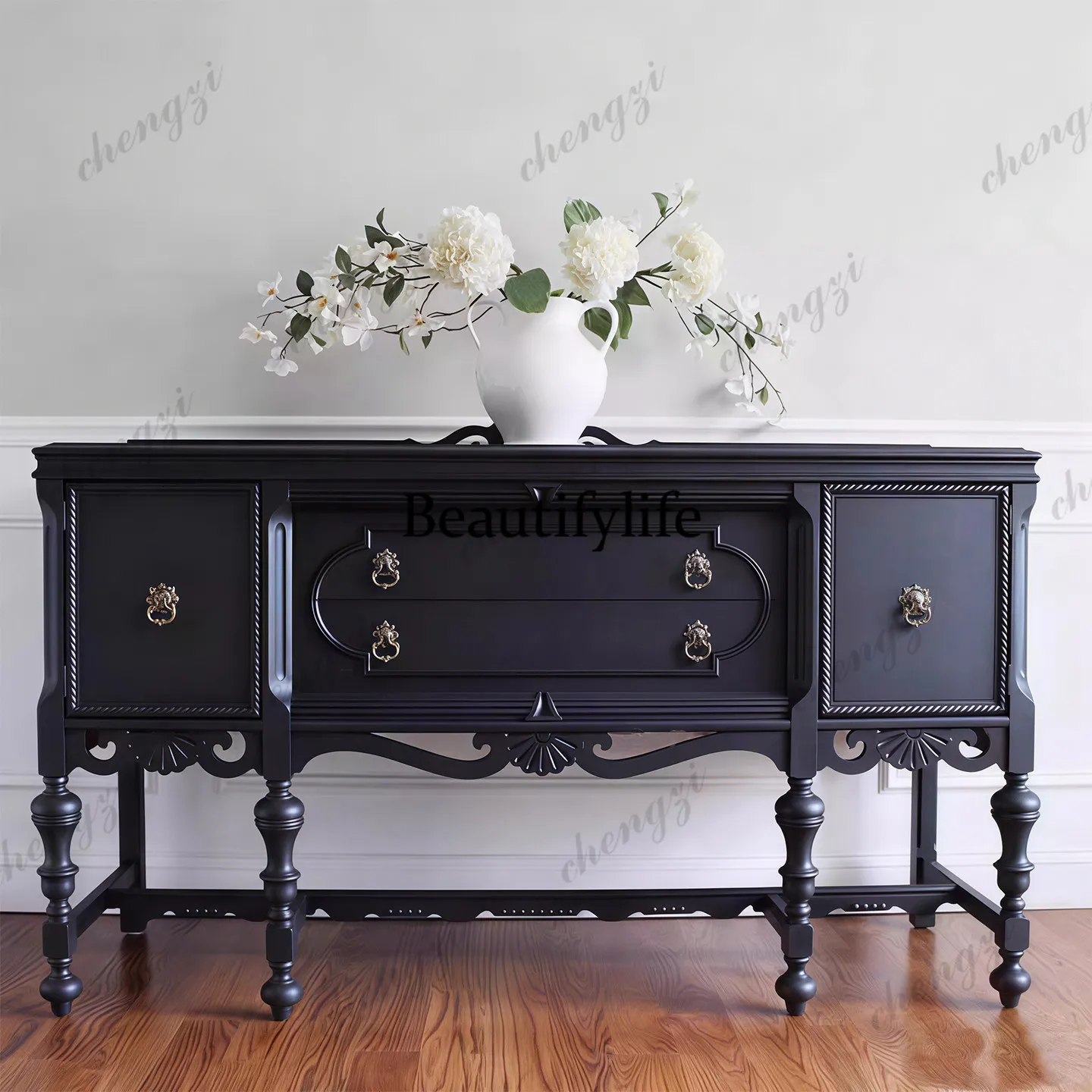 Retro style black solid wood Roman column dining side cabinet carved multi-drawer porch, locker high sense