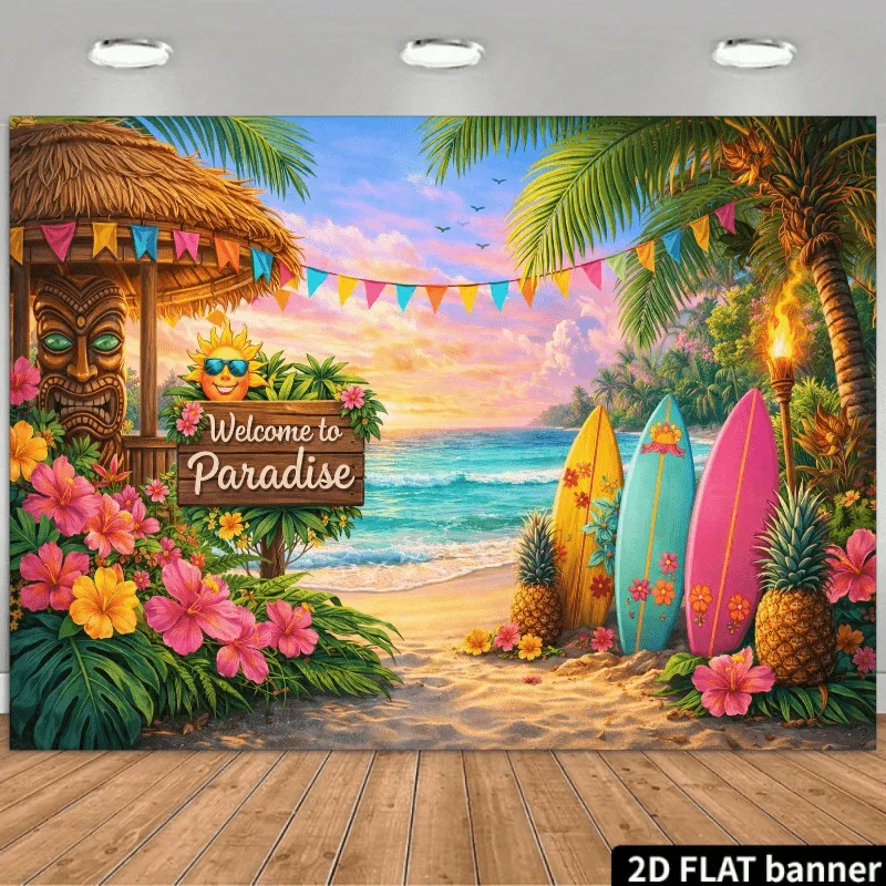 2D Flat Palm Tree Theme Backdrop, Beautiful Sunset Ocean View with Palm Trees, Surfboard, Pineapple, Flowers
