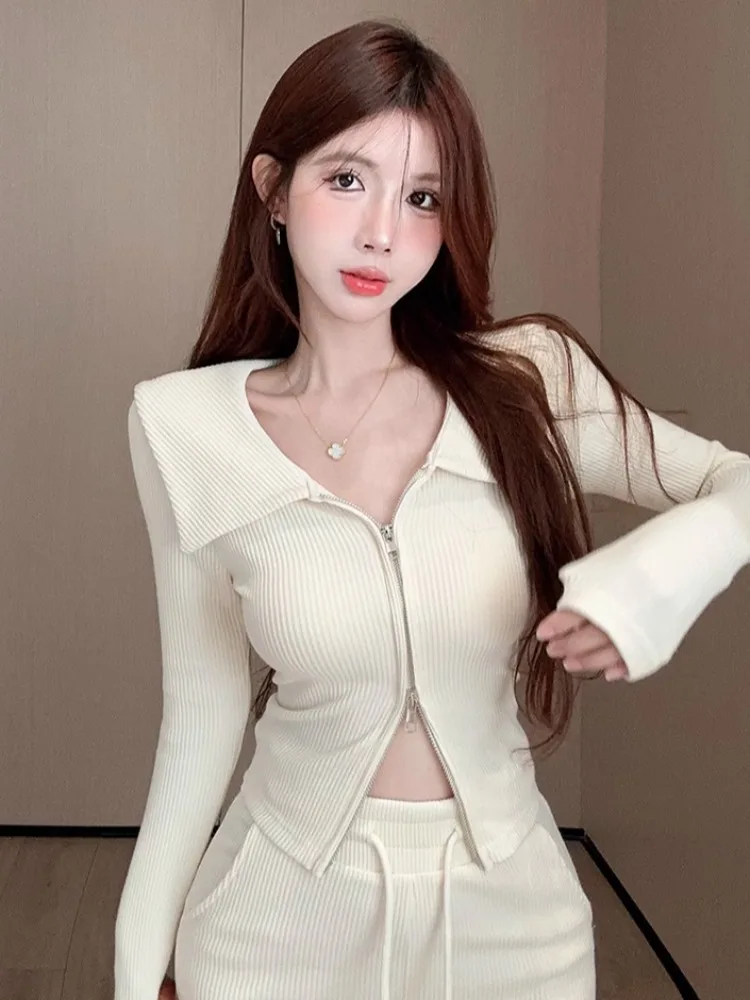 

Fashionable Sporty Women's Set Elegantly Designed Double Zipper Turn-down Collar Knitted Top High Waist Wide Leg Pants Two-pi...