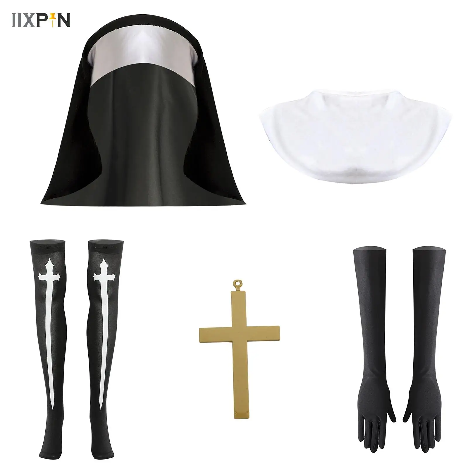 Nun Missionary Costume Sister Nun Priest Headdress Cross Necklace Fake Collar Gloves and Socks Halloween Cosplay Accessories Set