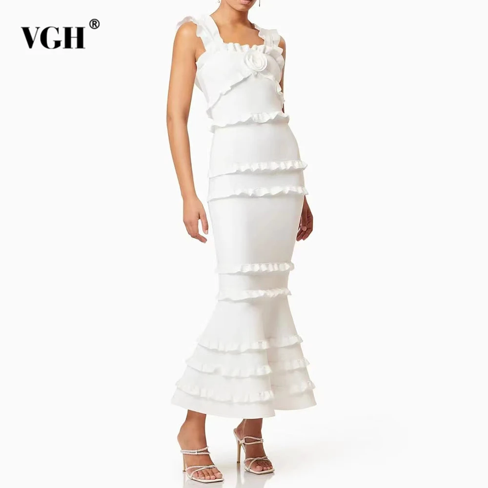 

VGH Temperament Evening Midi Dresses for Women Square Collar Sleeveless High Waist Patchwork Fungus Edge Fishtail Skirt Female