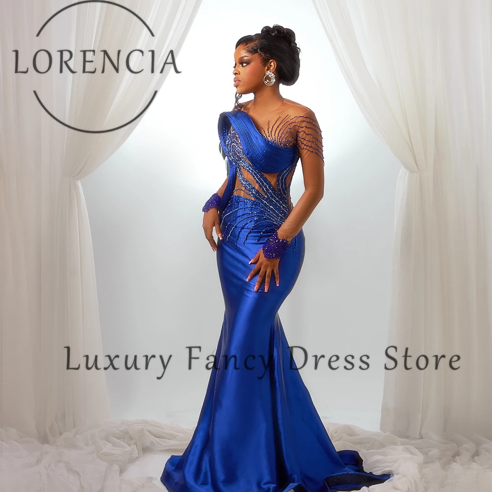 Perles élégantes robes de bal 2025 manches longues sirène robes de soirée personnalisé Court Train col rond robe de soirée dubaï