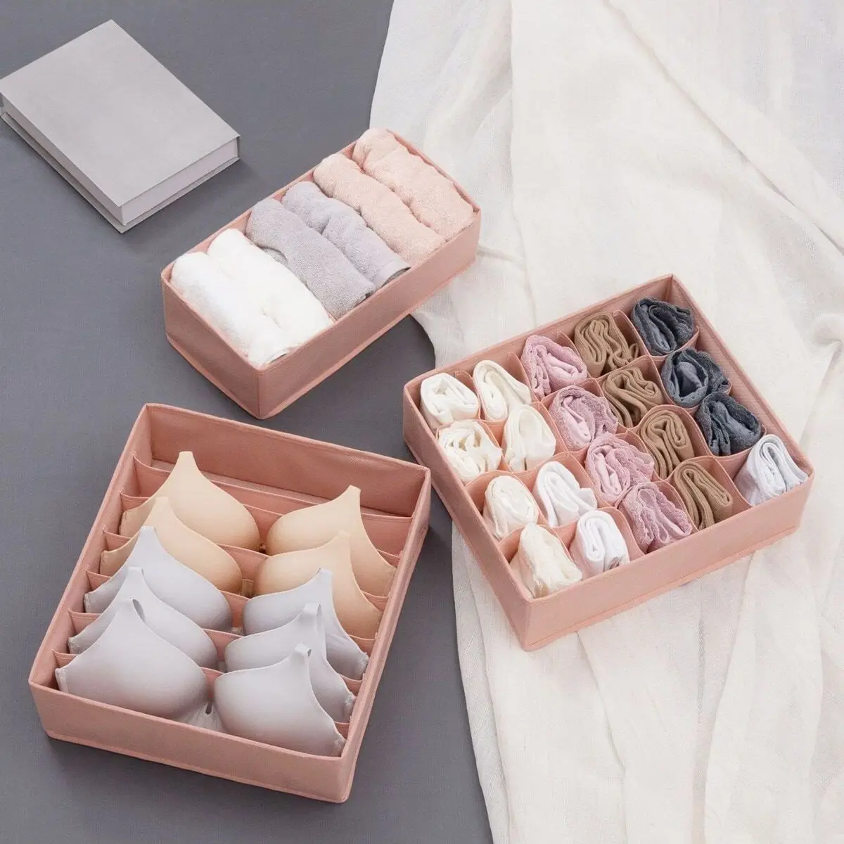 3pcs/Set -Pink Lidless Split Compartment Non-woven Underwear Storage Box Fabric Set Socks Bra Storage Box Home Accessary