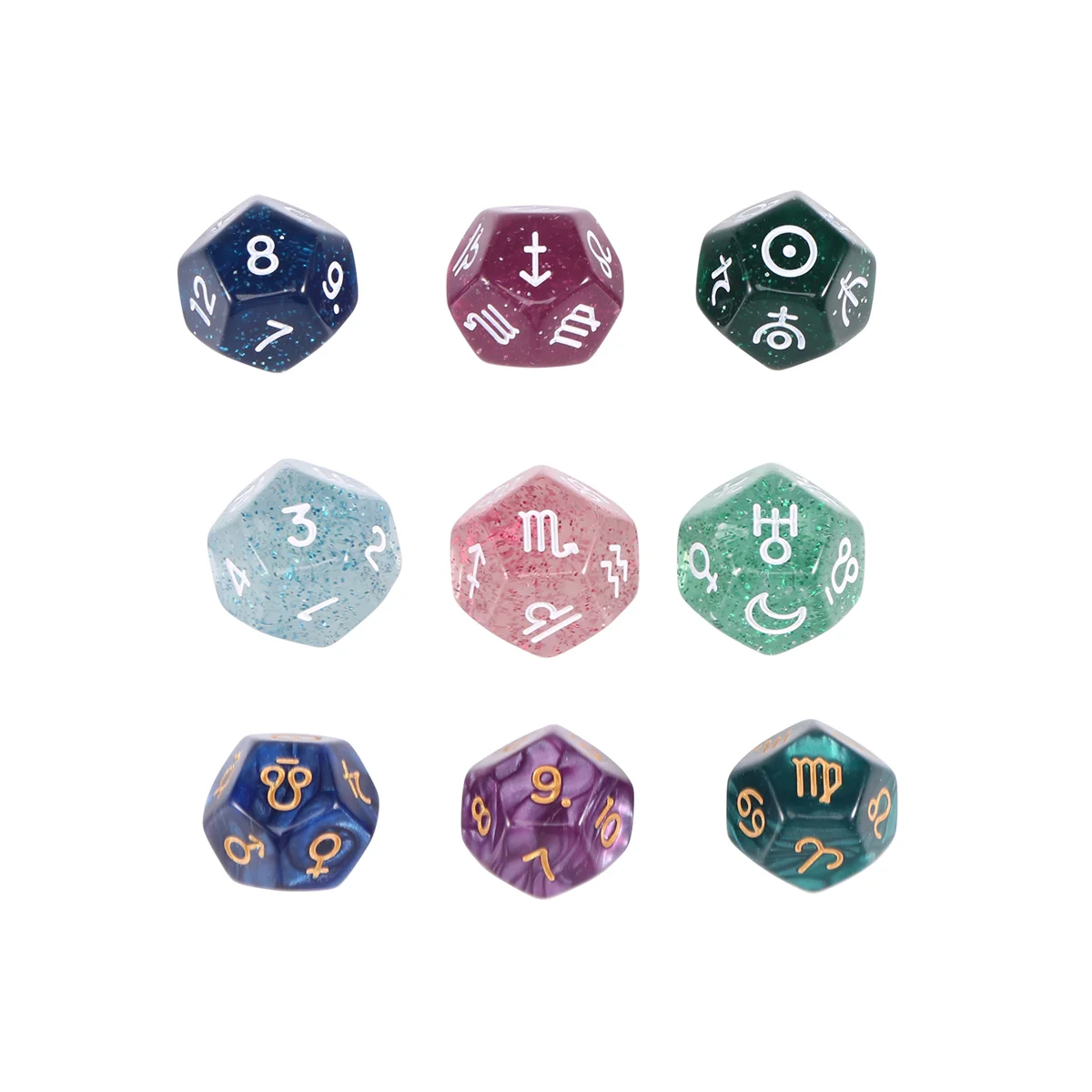 9Pcs Pearl 12-Sided Astrology Zodiac Signs Dice for Constellation Divination Toys Creative Multi Sided Dice Type A