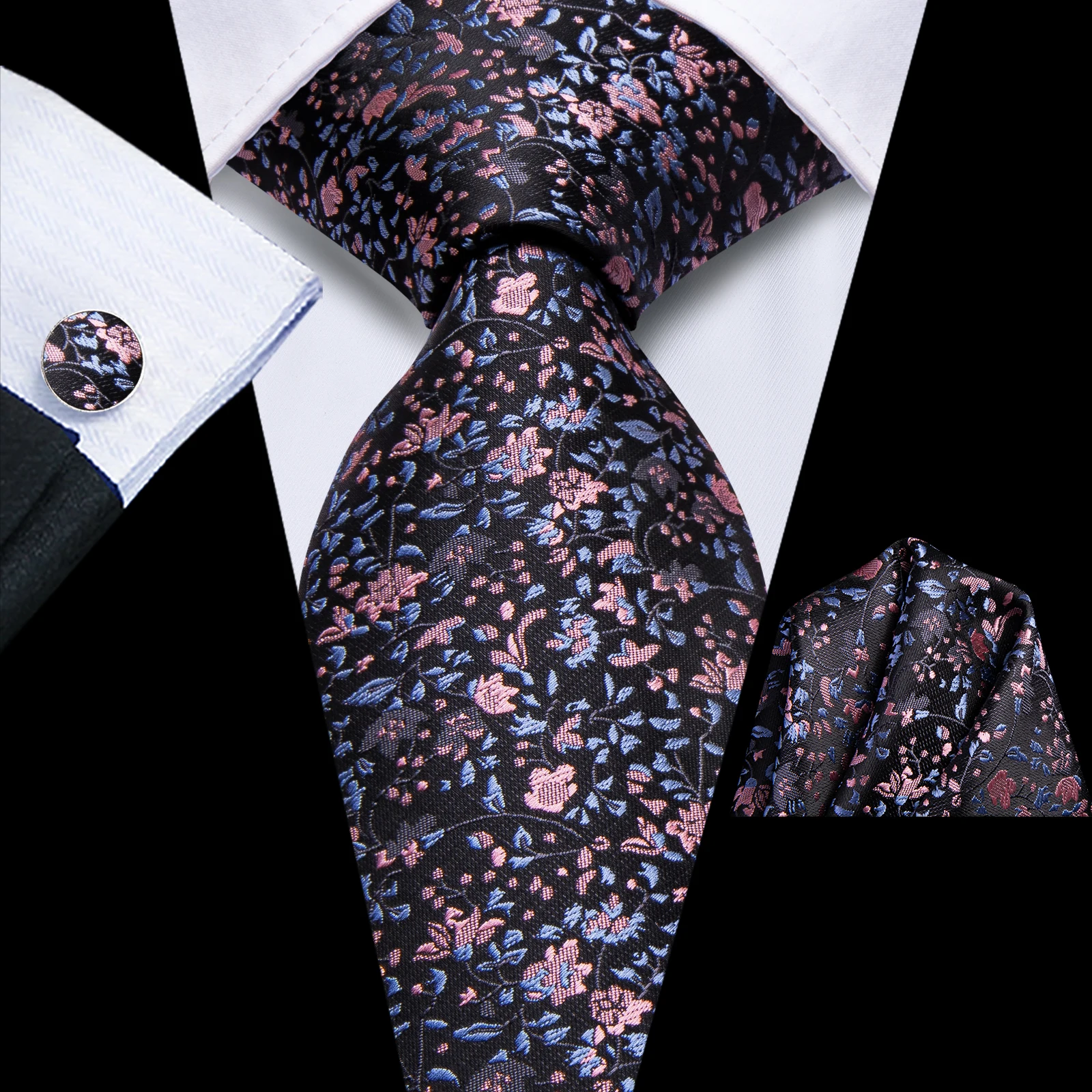 

Hi-Tie Men's Floral Tie Silk 8.5cm Wedding Pink Blue Black Ties Formal Hanky Cufflinks Set High Quality Cravata