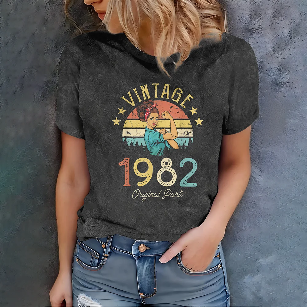 

Ladies' black retro 1982 round neck short sleeved T-shirt with classic Vintage pattern - new summer collection for 2025