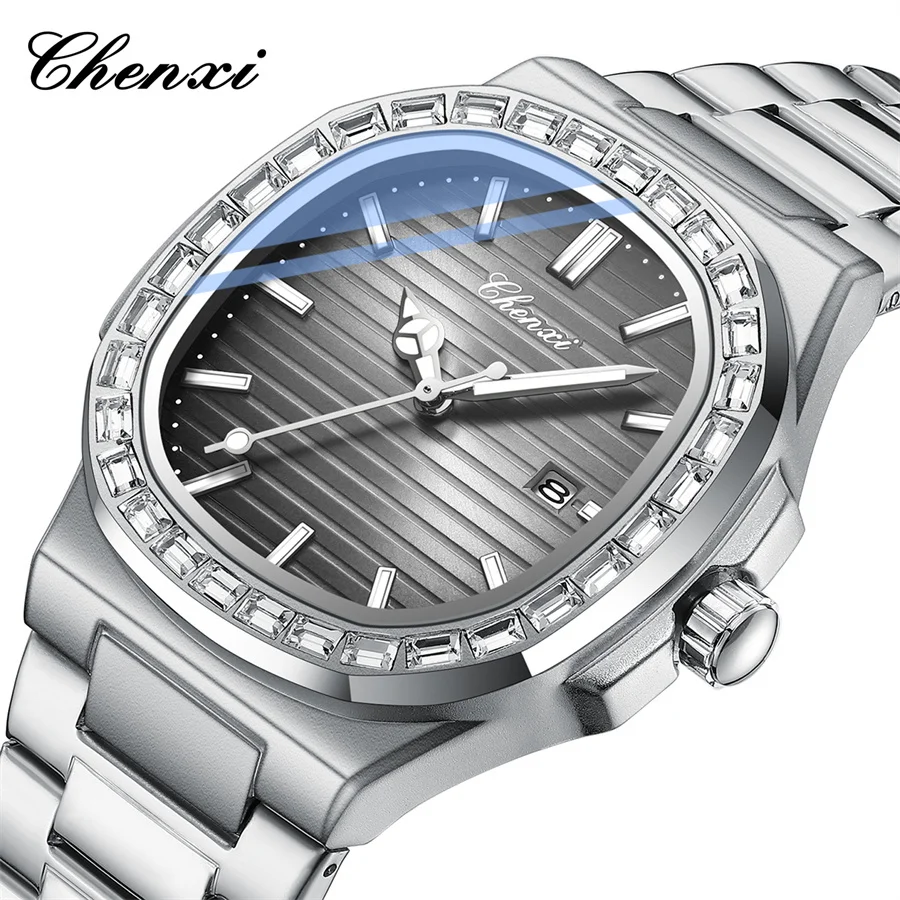 Chenxi 8222S Square Diamond Man นาฬิกาวันที่กันน้ําผู้ชายนาฬิกาข้อมือผู้ชายคุณภาพสูงผู้ชายแบรนด์ชั้นนํานาฬิกาควอตซ์