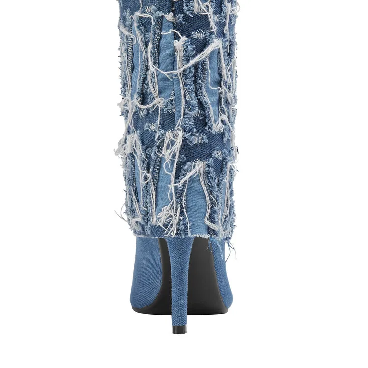 Women Frayed Fringe Turn Over Shaft Pointed Toe Mid Calf Boots Slip On Thin High Heel Fashion Party Dress Boots F539
