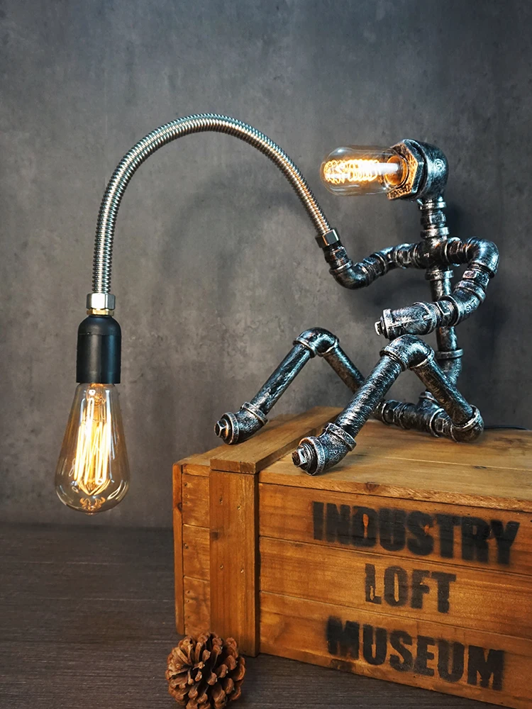 

Retro industrial style ornament creative water pipe robot desk lamp gift coffee bar bedside decorative lamp