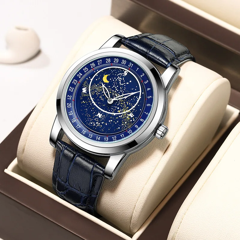 

Stainless Steel New Rotating Full Starry Sky Luminous Waterproof Precision Leather Strap Self-Wind Automatic Watch for Men