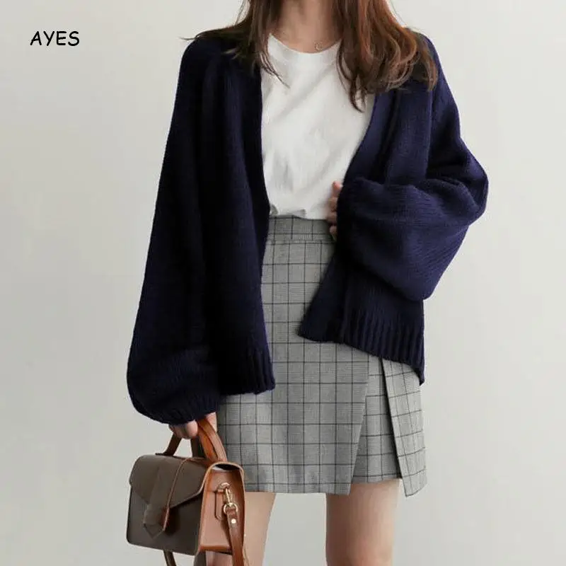 Korean Navy Blue Knit Women Sweater Short Cardigans Autumn Winter New Casual Knitwears Cardigan Long Sleeve Loose Soft Sweater
