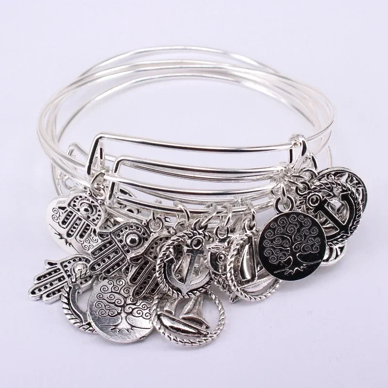 5pcs Bangle Set 4 Color Bracelets for Women Girls Jewelry Life Tree Hand Anchor Owl Charms Bangles Cuff Jewlery C048