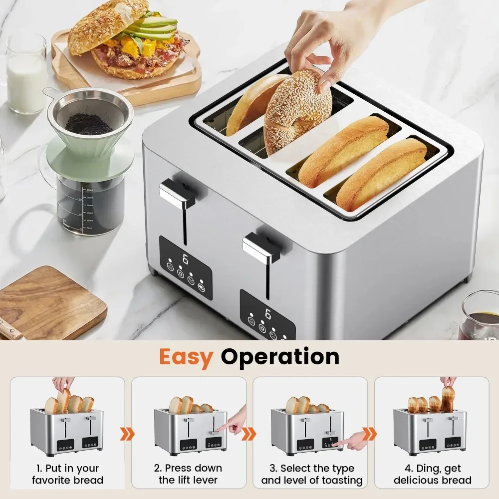 

Toaster 4 Slice with Touchscreen, Stainless Steel Bread Toaster, 6 Browning Shade Settings,1.57 inch Wide Slots with Reheat