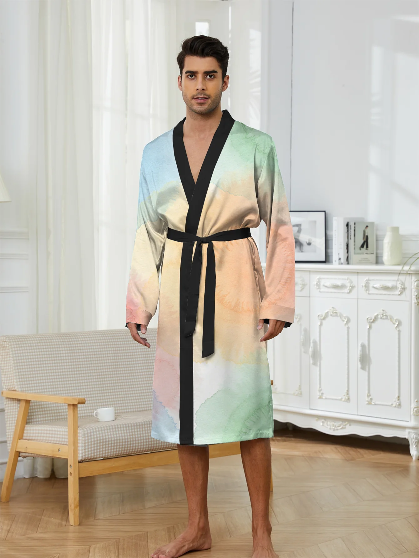 Spring and Autumn new men's bathrobe fast drying and non fading,skin friendly and comfortable,3D digital printed men's home wear