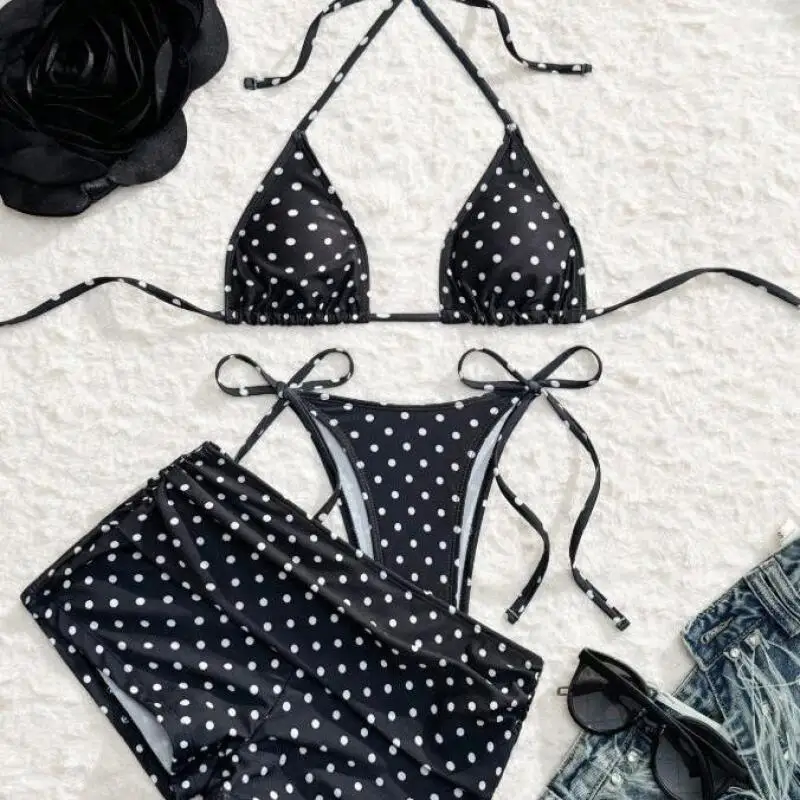 3Pcs Bikinis Set Female Polka Dot Swimsuit Women Summer Sexy Swimwear Beach Swim Wear Bathing Suits Fashion Lace Up Adjustable