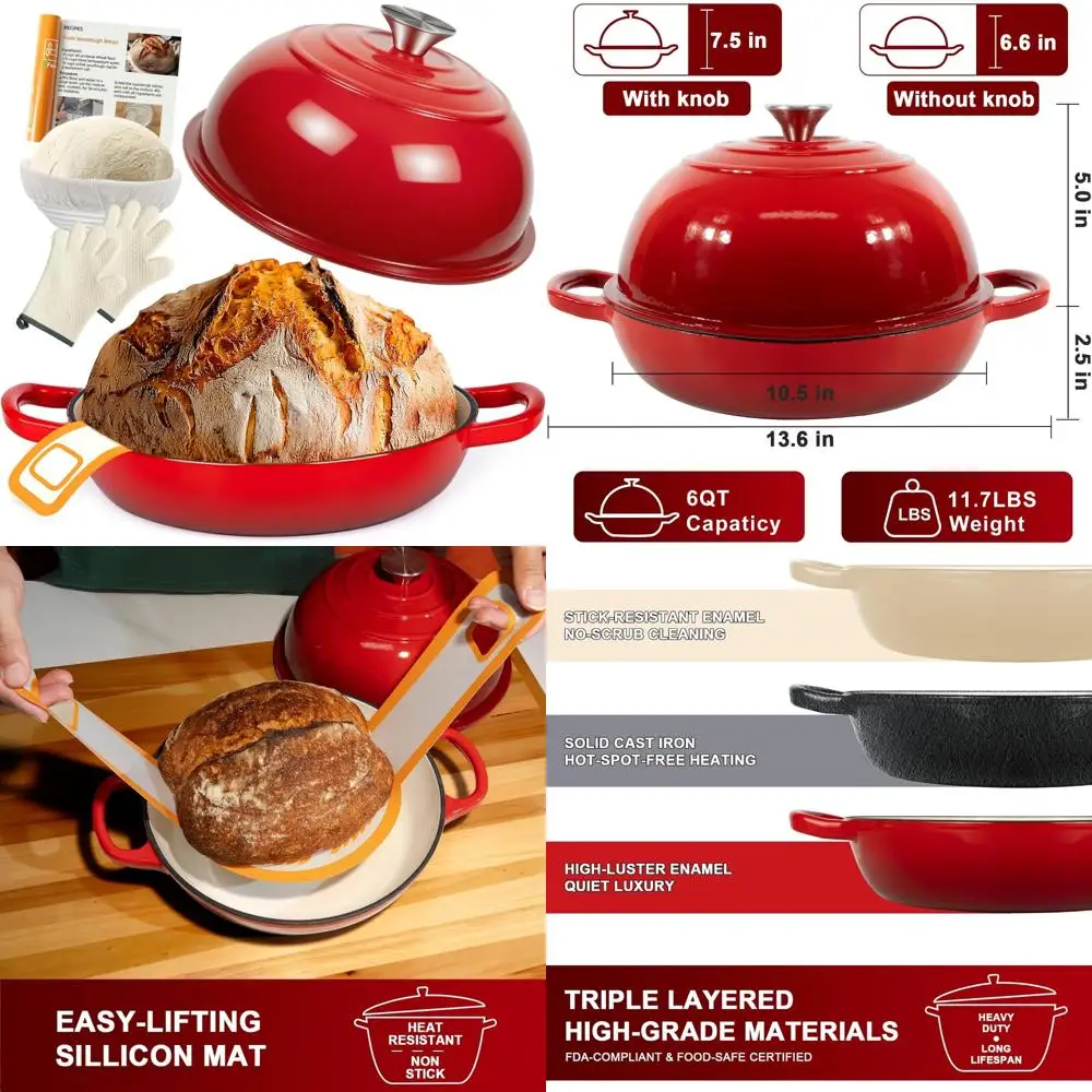 

Эмалированная чугунная голландская духовка с крышкой, многофункциональная форма для выпечки хлеба на закваске и многое другое, идеально подходит для домашнего хлеба