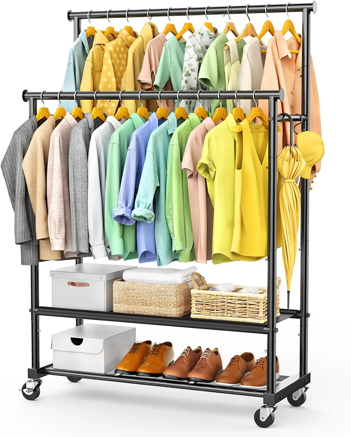 

Heavy Duty Clothes Rack with Double Rod, Lockable Wheels, 2 Shelves & Hooks, Supports 350 LBS for Home or Commercial Use