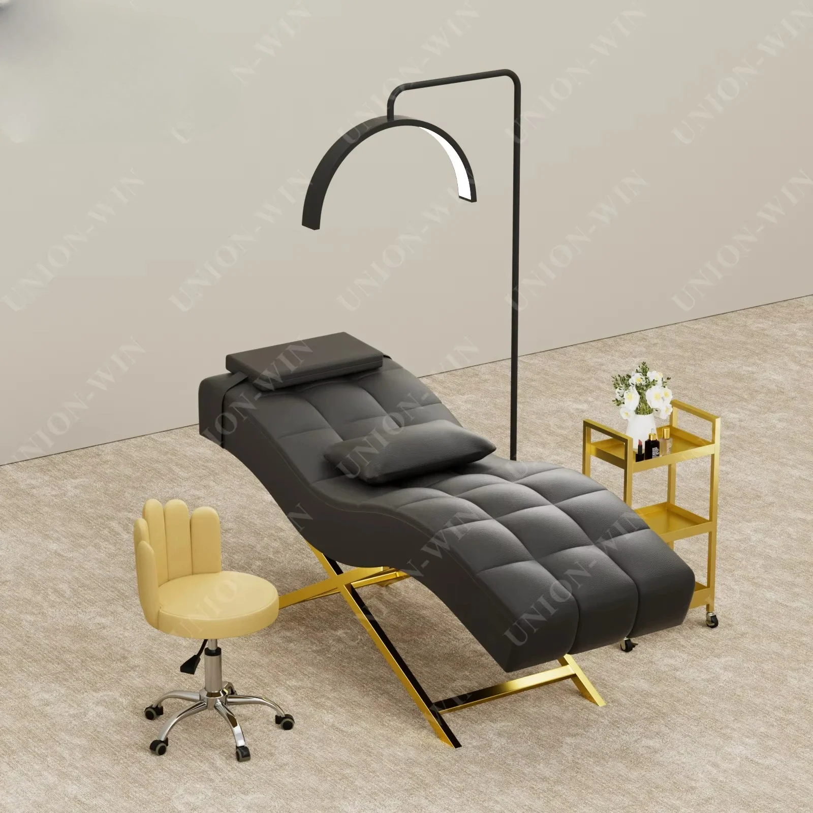 Union Win Modern Luxury Pink Gold Beauty Salon Furniture Facial Spa Bed Adjustable Reclining Eyebrow Lash Bed for Sale
