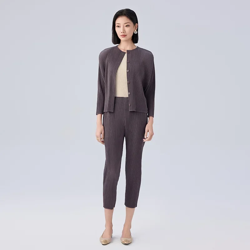 Cardigan plissé à boutonnage simple pour femme, veste à manches longues, pantalon à petites jambes, design solide épaissi, mode automne, 2024