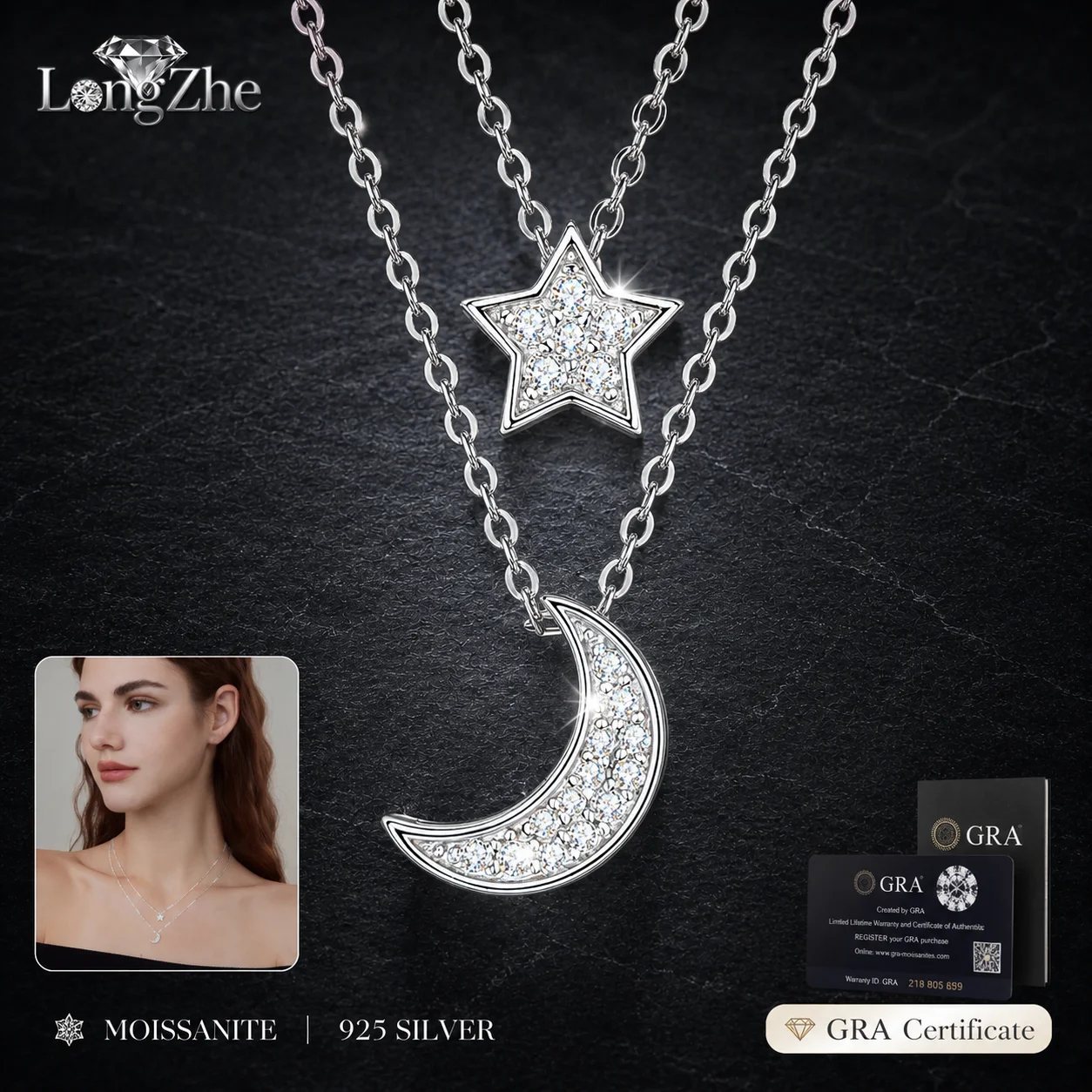 S925 Sterling Silver Moissanite Star Moon Layered Necklace Double Chain Crescent Pendant White Gold Color Gift for Women