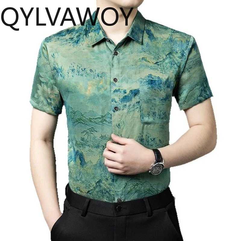 QYLVAWOY 100% Natural Mulberry Silk Shirts for Man Summer Shirts High Quality Men Clothing Retro Printed Short Sleeve Tops Lapel
