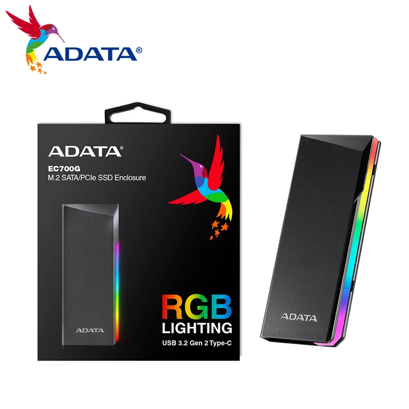 ADATA EC700G M.2 PCIe/SATA SSD Enclosure USB 3.2 Gen2 Type-C (USB 10Gbps) RGB Lighting Solid State Drive Case NVMe HD Box