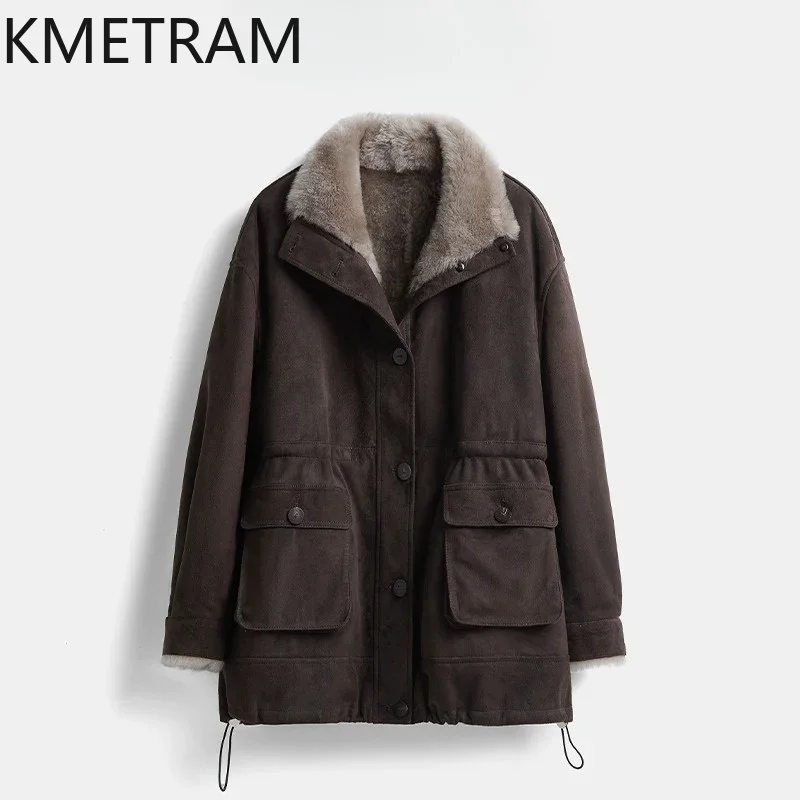 KMETRAM Raw Basha Sheep Shearling Fur Coat Woman Mid Length Cargo Fur Jacket Womens Winter Coats Light Soft Warm Outerwear Шуба