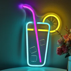 LED Wall Neon Sign for Party, Suco De Vidro Com Limão, Curvando Cubos De Gelo, Decoração Do Clube, Leite, Cafeteria, 7.44 in x 11.42 in, 1PC