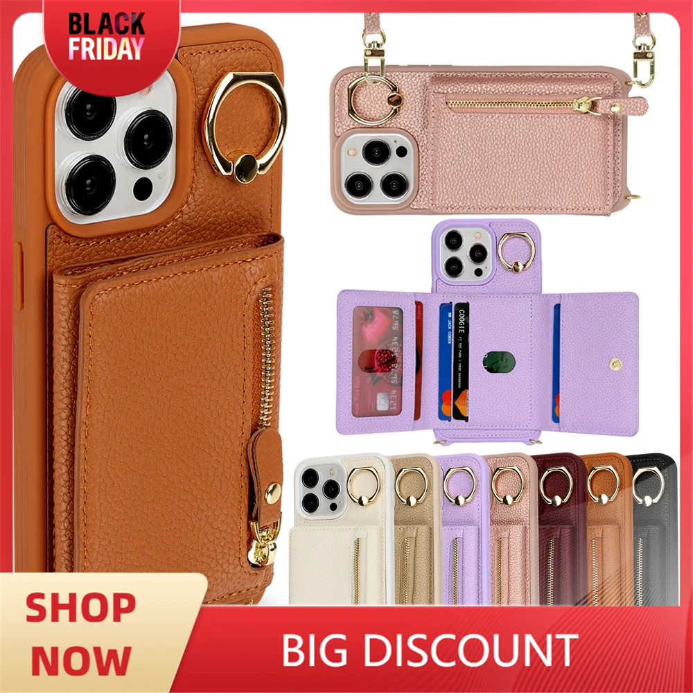 Leather Phone Wallet Case For Iphone 15 14 13 12 11 Pro Max XS X XR Protective Leather Cover Ring Holder Zipper Cards Holder