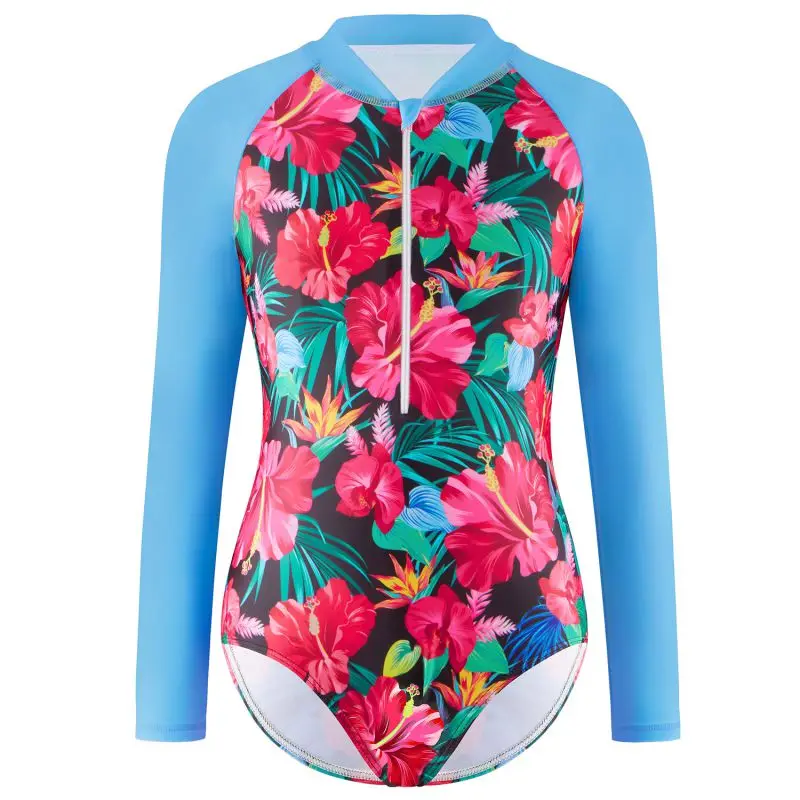 Kids Girls One-piece Swim Suits UV Protection Swimwear Long Sleeves Printed Zippered Bathing Suit Summer Swimwear Beach Wear