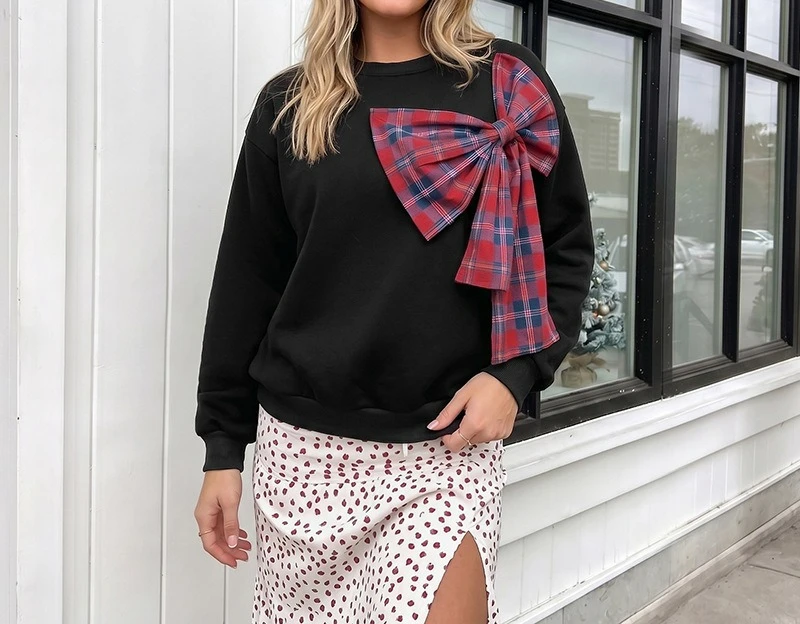 Thickened Top 2026 Autumn and Winter Crew Neck Fleece Plaid Bow Splicing Sweater