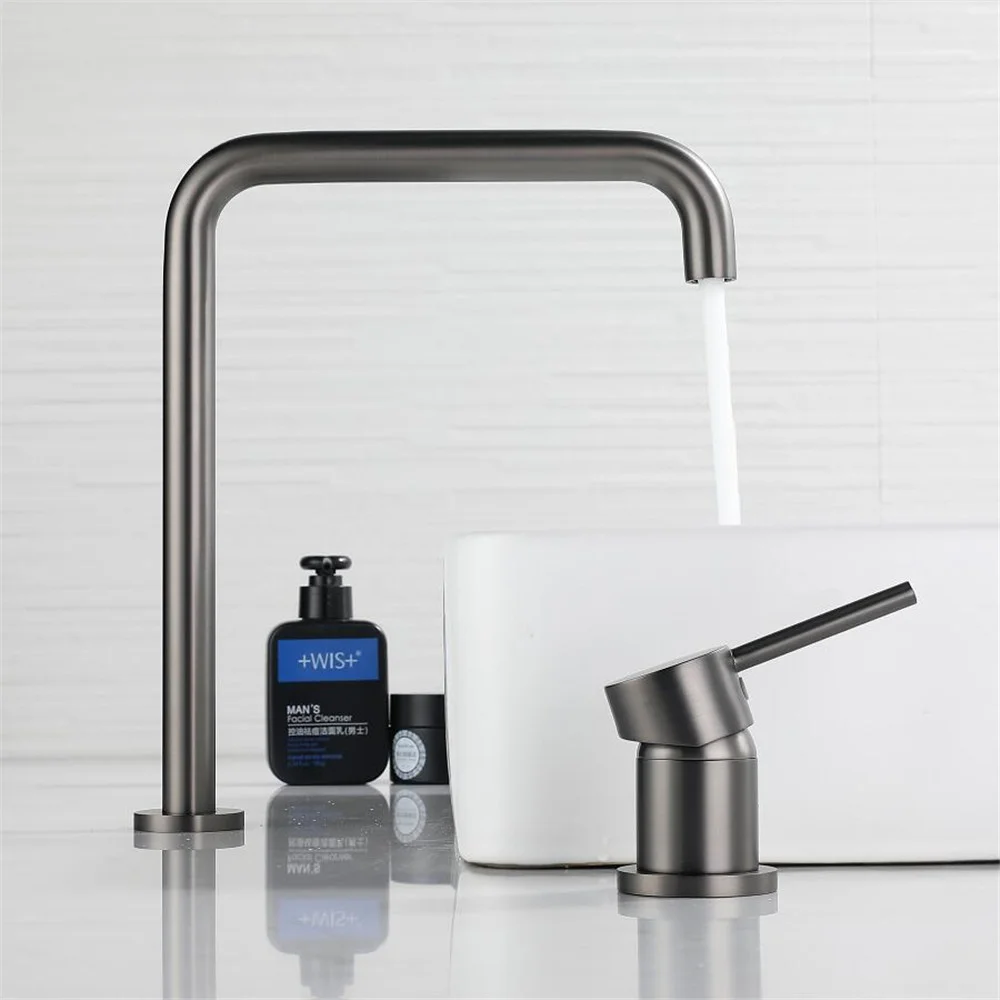 

Basin faucet Bathroom super long pipe two holes Gun Grey bathroom sink tap 360 rotating widespread Black basin Tap