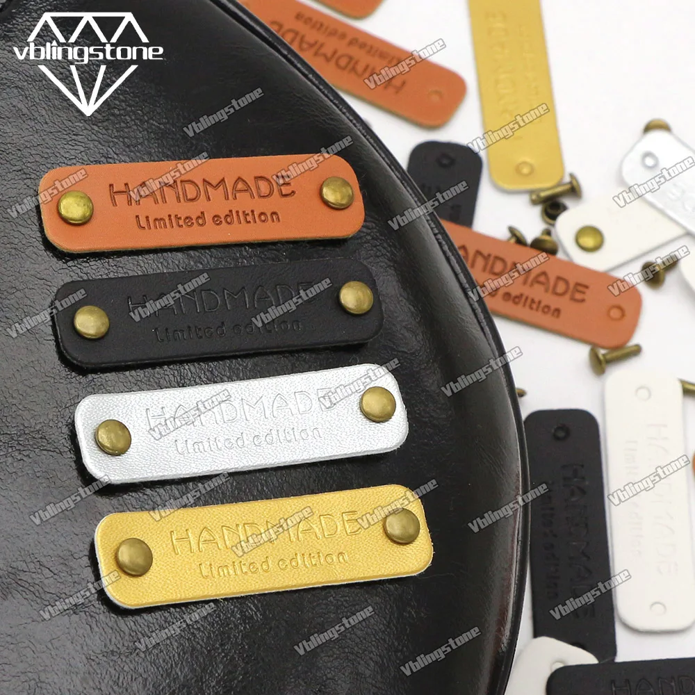 50 Stück handgefertigte PU-Leder-Etiketten in limitierter Auflage, handgefertigte Etiketten für Kleidung, Nähen, Etiketten, DIY-Geschenk, Metall-Doppelkappe, runde Niete – Detail 1
