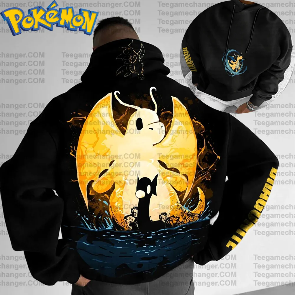 طقم بناطيل هاراجوكو بقلنسوة قطنية من Pokemon Anime Dratini Dragonair مطبوع عليه شخصية سوداء مع خلفية قمر الماء الأزرق #1