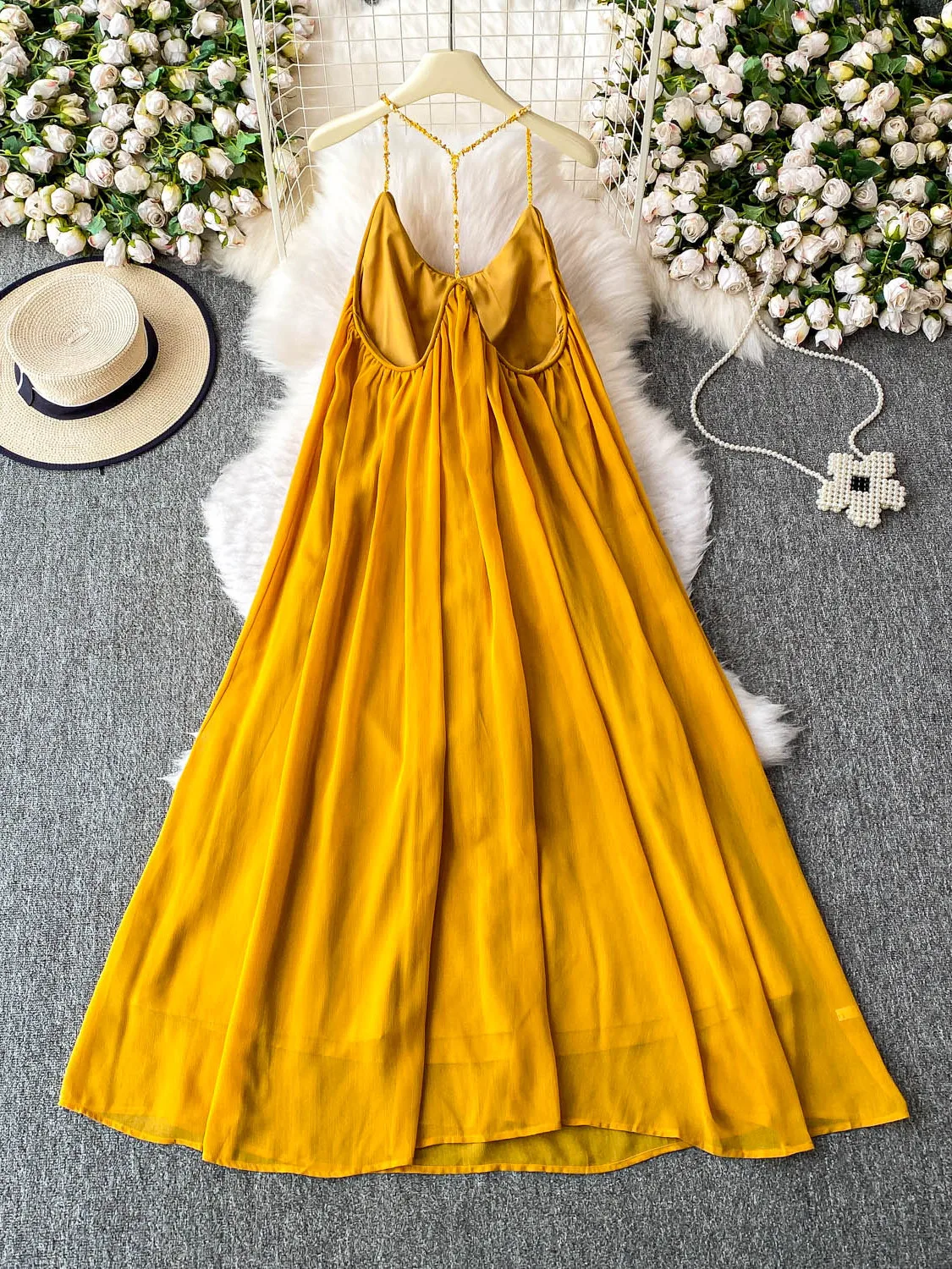 Żółta Letnia Seksowna Luźna Spódnica Damska Dr Vaion Szeroki Dół Długa Spódnica z Wysokim Stanem w Kształcie Litery A Koreańska Bez Marki