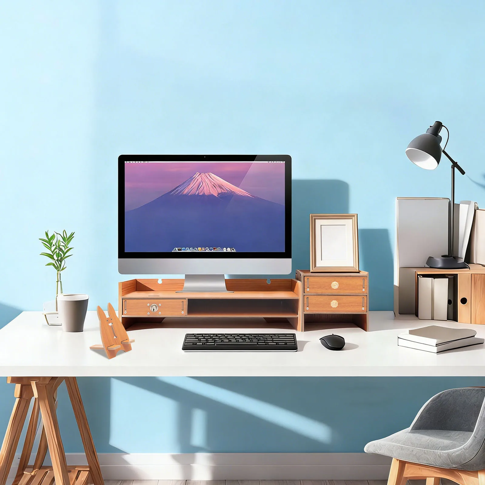 Wooden Computer Monitor Stand with Storage Drawers