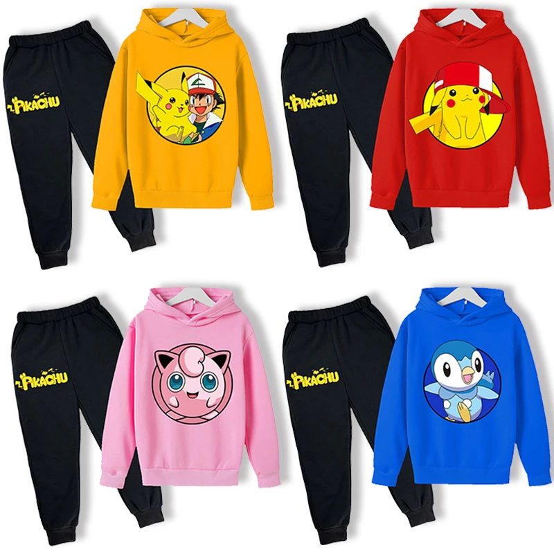 2pcs Pokemon Pikachu Hoodie Pants Suit Children Anime Sweatshirt Trousers Set Boys Girls Autumn Winter Fashion Two-piece Sets