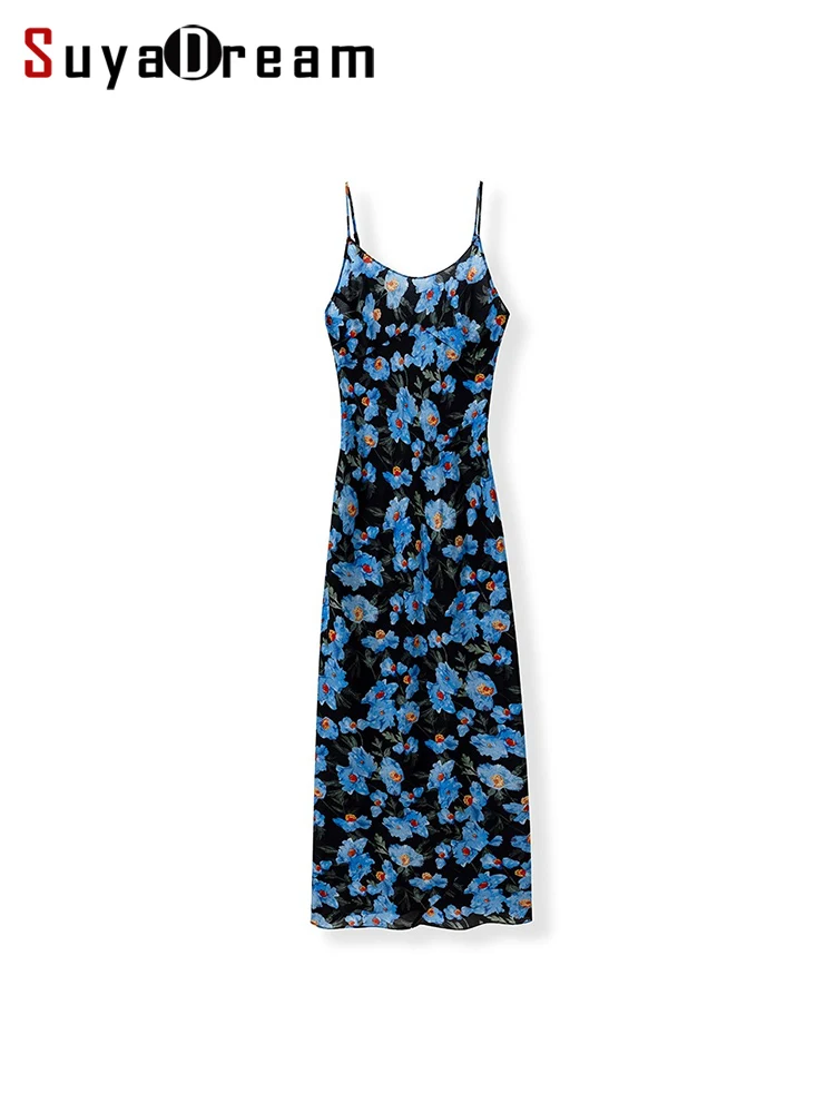 

SuyaDream, Woman Maxi Dress, 100%Real Silk Spaghetti Strap, Bias cut, Floral Printed Dresses, 2025 Spring Summer Clothes, Blue