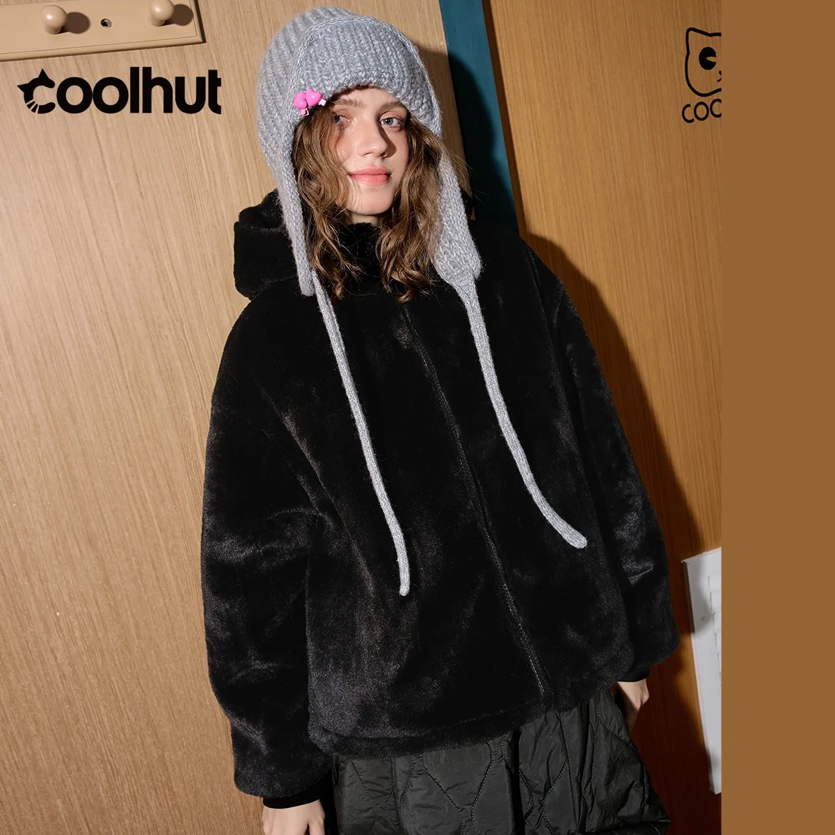 COOLHUT 2025 المرأة الأرنب هود سترة ناعمة لطيف بلون الربيع معطف دافئ خفيفة الوزن المؤنث ملابس خارجية غير رسمية #5