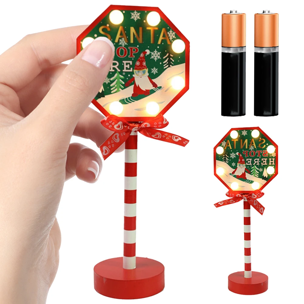 Santa Stop Here Sign LED Light Xmas Table Decoration Wooden Light Up Desktop Ornaments Warm Light Battery Powered for New Year