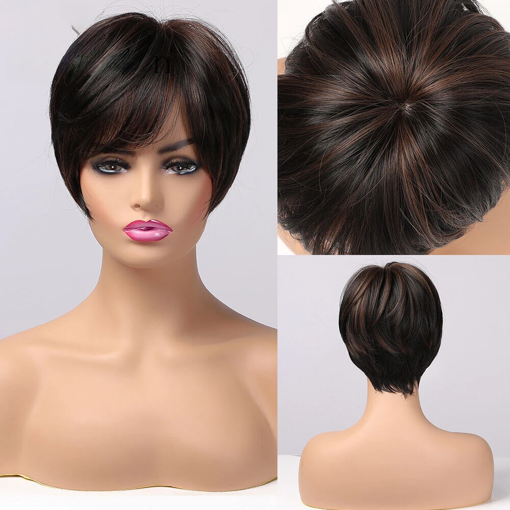 

Short Synthetic Hair with Bangs for Women Ladies Dark Brown Pixie Cut Wig