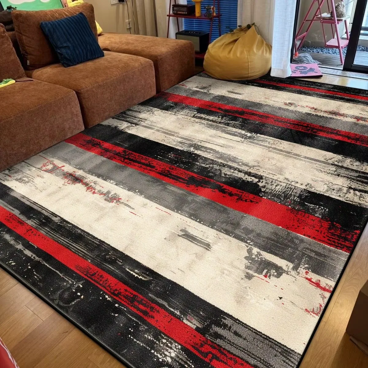 Modern Abstract Brush Stroke Area Rug Red Black Ink Wash Art Large Non Slip Floor Carpet for Living Room Bedroom Home Decor