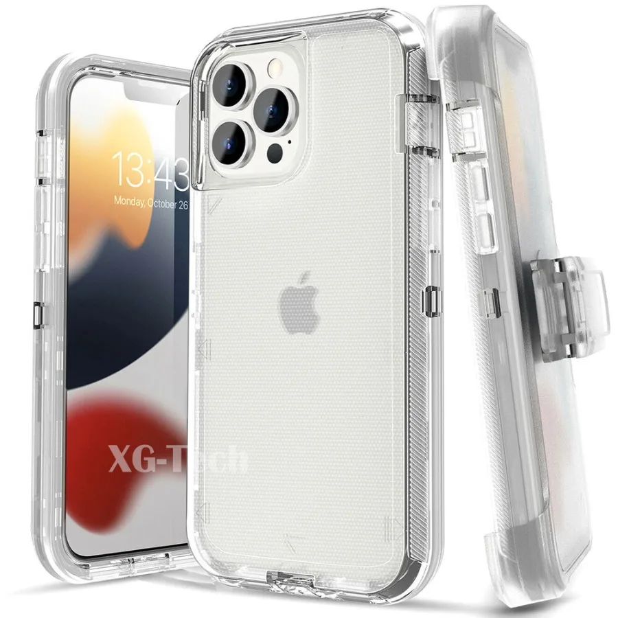 

For iPhone 14 Pro Max 15Plus Heavy Duty Shoockproof Transparent Case Anti-sctatch PC Bumper +TPU Back Cover With Belt Clip Stand