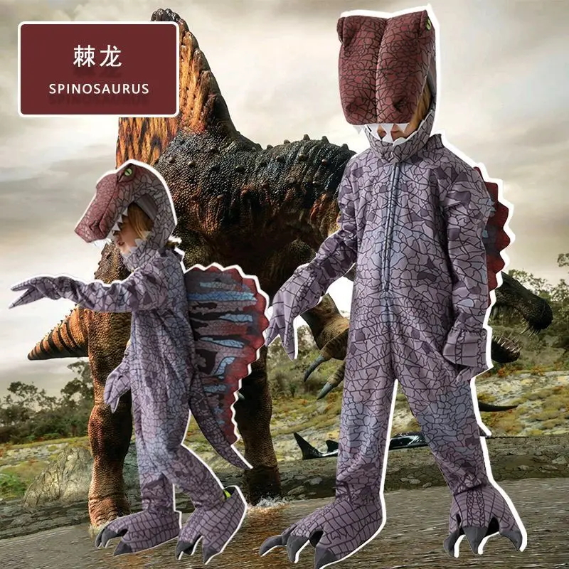 Criança dinossauro traje t-rex realista com capuz macacão pluginus pijama macacão halloween vestir-se festa temática role play terno