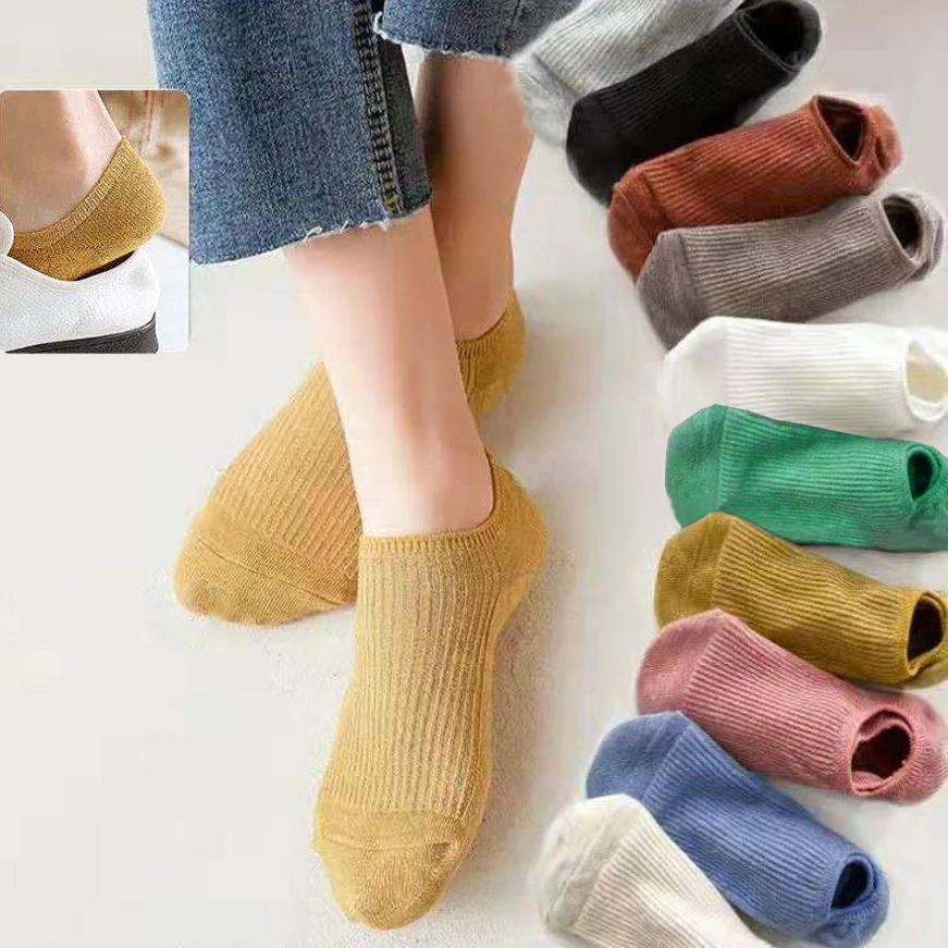 5 Pares de Calcetines Cortos de Color Sólido para Mujer, Calcetines Invisibles Antideslizantes de Silicona para Primavera y Verano