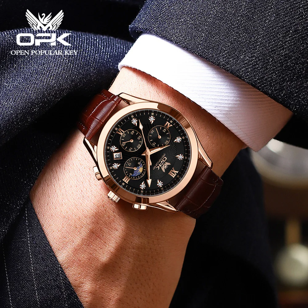 OPK 브랜드 남성용 가죽 벨트 야광 쿼츠 시계 남성용 8162