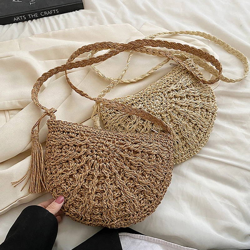 Mode Halbkreis Stroh Gewebt Schulter Umhängetasche Reise Kleine Handtasche Damen Sommer Handgemachte Rattan Quaste Design Strand Tasche – Detail 14