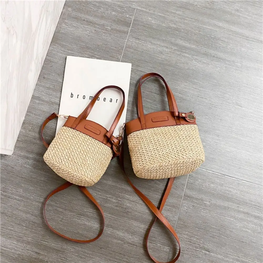 

Faashion Straw Beach Bag Vintage Handmade Ladies Shoulder Bags Designer Strap Handbag Pu Patchwork Messenger Crossbody Bag