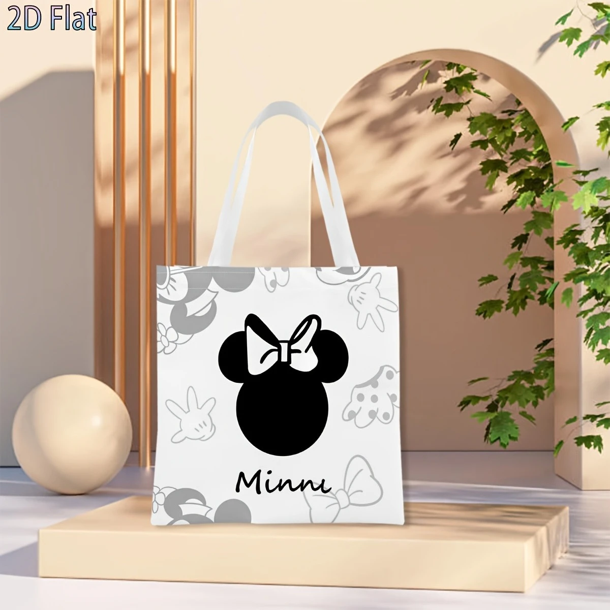 1 bolsa de compras reutilizable con estampado de silueta monocromática de Minnie Mouse, adecuada para uso diario, compras, escuela, viajes.