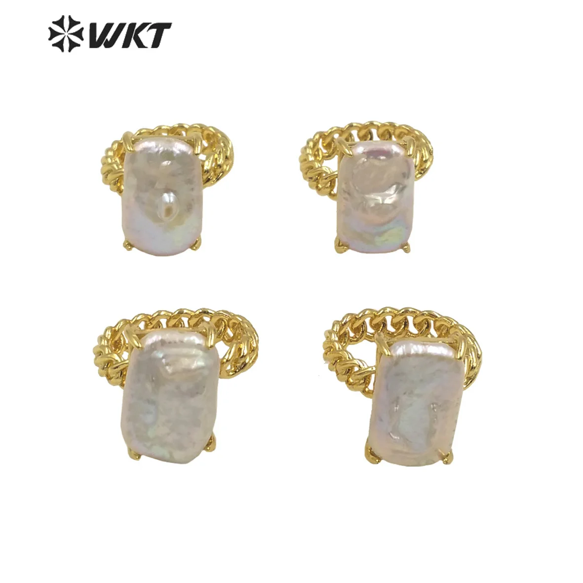 

WT-MPR068 Wholesale Delicate Natural Square White Freshwater Pearl Open Size Ring In 18K real Gold Plated